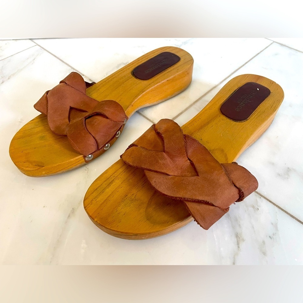 Sundance, euro 41, US Women’s 9.5-10, brown braided leather and wood sandals EUC